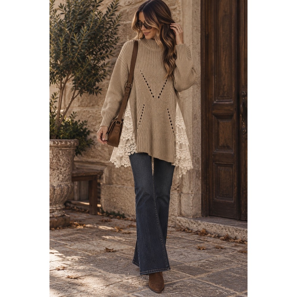 Ryu Chunky Knit Mock‎ Neck Lace Trim Sweater Tunic Beige M/L Boho Cottagecore
